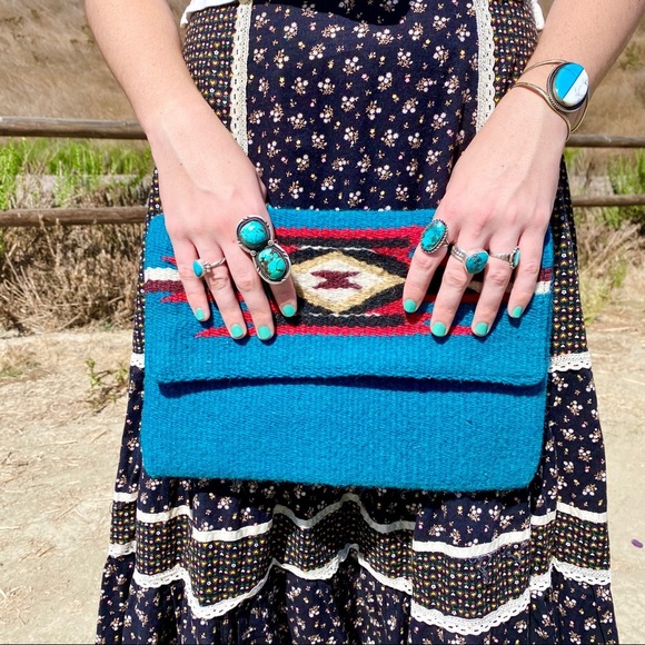 Turquoise Chimayo Style Wool Clutch Purse - Picture 3 of 13